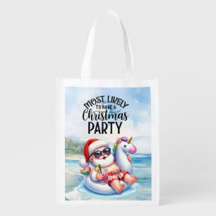 Santa Claus at beach for Christmas in July Grocery Bag
