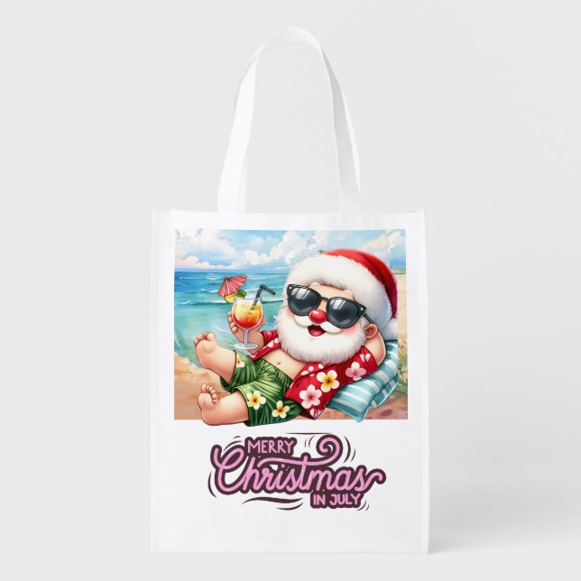 Santa Claus at beach for Christmas in July  Grocery Bag (Front)