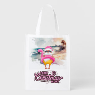 Santa Claus at beach for Christmas in July Grocery Bag