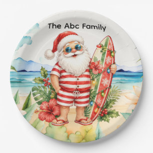 SANTA CLAUS at Hawaii Beach for Christmas Paper Plates
