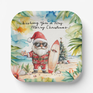 SANTA CLAUS at Hawaii Beach for Christmas Paper Plates