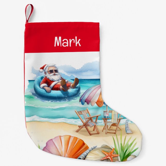 Santa Claus at the beach Summer Christmas Small Christmas Stocking (Front)