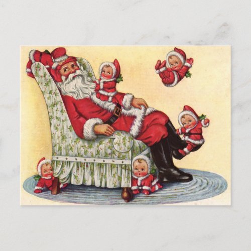 Santa Claus Babysits Retro Image Holiday Postcard