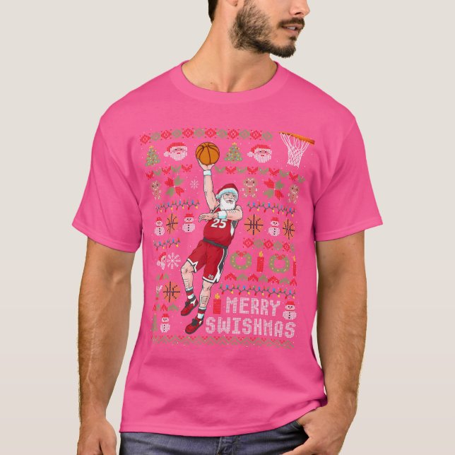 Santa Claus Basketball Ugly Christmas Merry Swishm T-Shirt (Front)