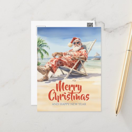 Santa Claus Beach Watercolor Postcard