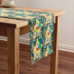 Santa Claus Bears Gold Star Pattern Christmas Short Table Runner