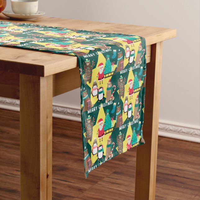 Santa Claus Bears Gold Star Pattern Christmas Short Table Runner (In Situ)