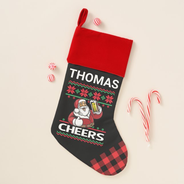 Santa Claus Beer Drinking Cheers Ugly Christmas Stocking (Front)