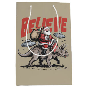 Santa Claus Believe Dinosaur Christmas Triceratops Medium Gift Bag