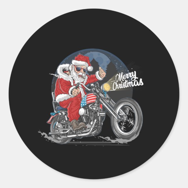 Santa Claus Biker US Flag Motorcycle Christmas Gif Classic Round Sticker (Front)