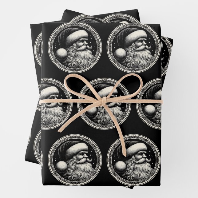 Santa Claus Black Vintage Wrapping Paper Sheets (In situ)