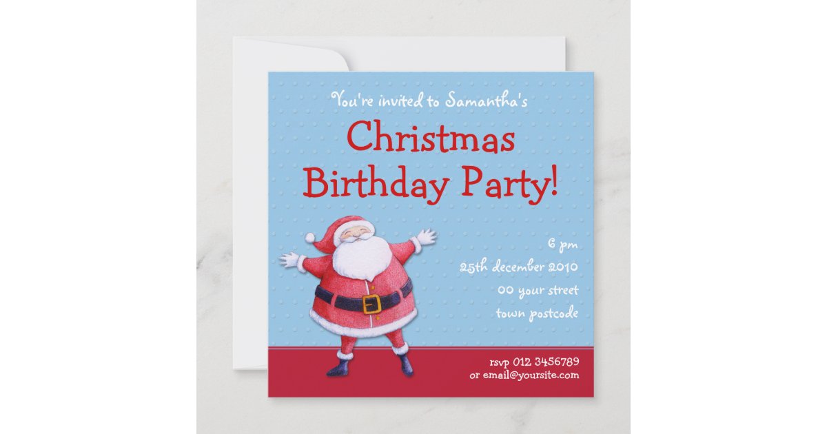 Santa Claus blue Christmas BIrthday Invitation | Zazzle