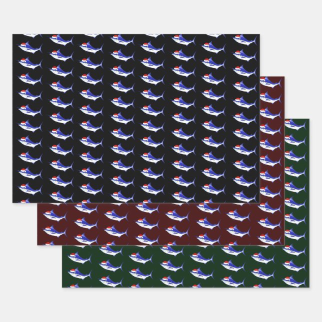 Santa Claus Blue Marlins Wrapping Paper Sheets (Set)