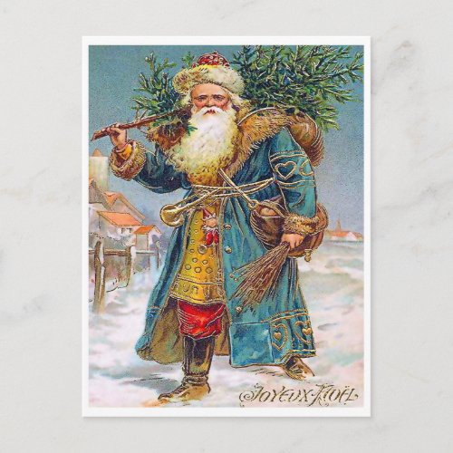 Santa Claus bringing Christmas tree vintage Postcard