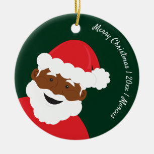 Santa Claus Brown Skin Name Year Merry Christmas Ceramic Ornament