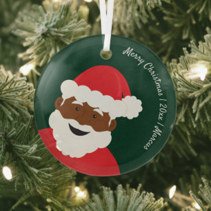 Santa Claus Brown Skin Name Year Merry Christmas Glass Ornament