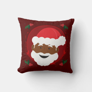 Santa Claus Brown Skin Red Holly Christmas Throw Pillow