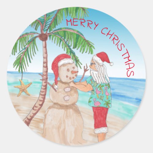 Santa Claus Building Sandy Snowman Christmas Classic Round Sticker