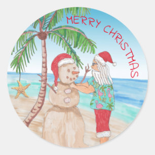 Santa Claus Building Sandy Snowman Christmas Classic Round Sticker