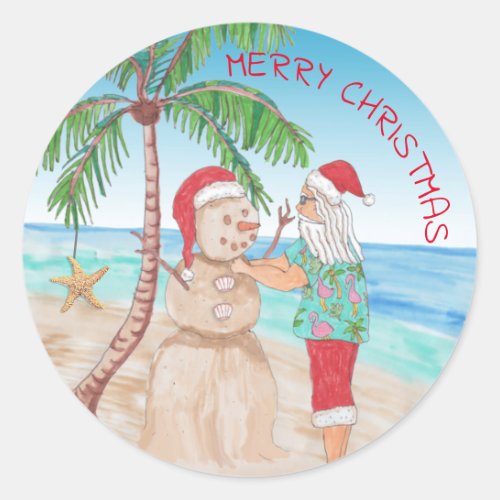 Santa Claus Building Sandy Snowman Christmas Classic Round Sticker