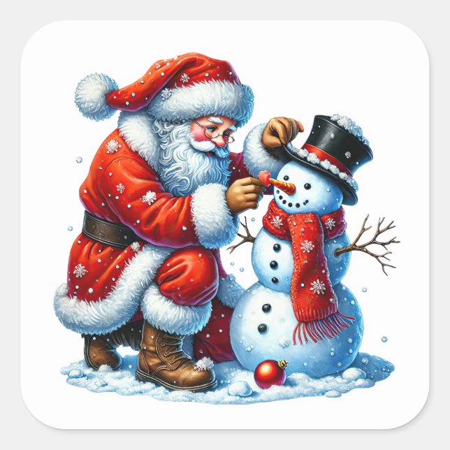 Santa Claus Builds a Snowman in Winter Wonderland Square Sticker (Front)