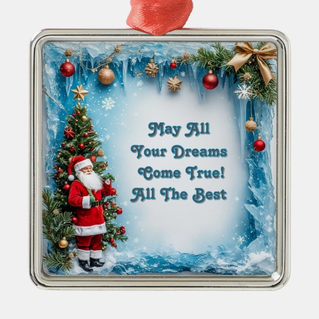 Santa Claus by a Festive Christmas Tree Metal Ornament (Front)