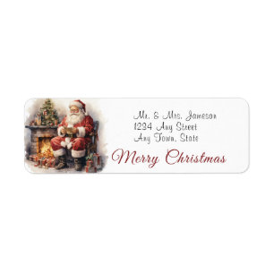 Santa Claus by Fireplace Merry Christmas Label