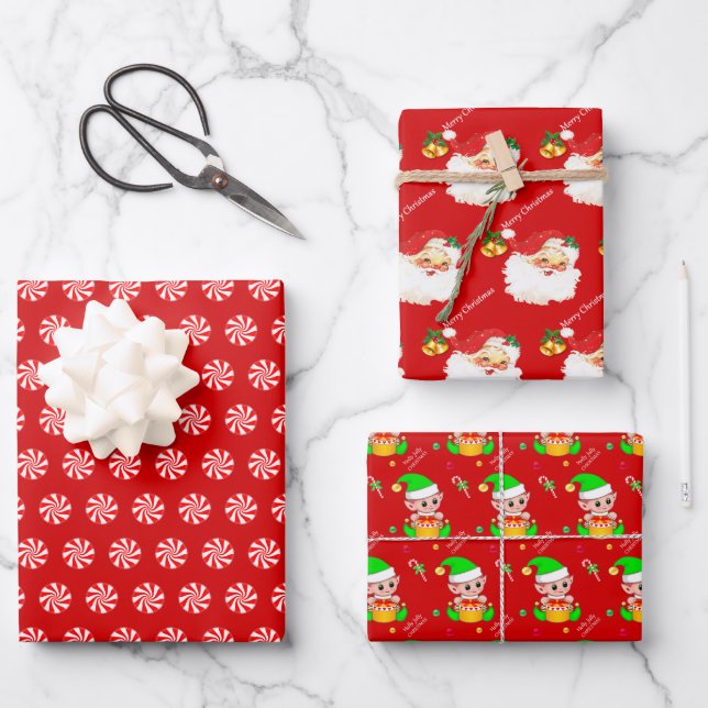 Santa Claus, Candy Mints, Christmas Elf on Red Wrapping Paper Sheets (Front)