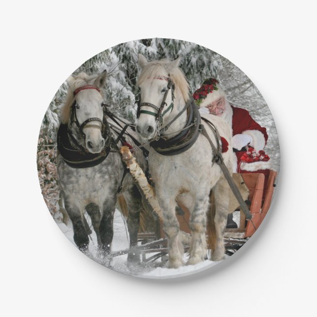 Santa Claus Carriage Christmas Holiday Paper Plates (Front)