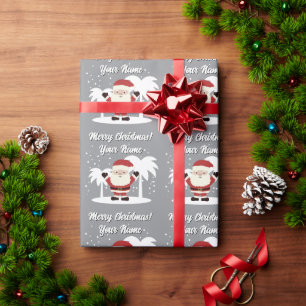 Santa Claus cartoon with palm trees grey Christmas Wrapping Paper