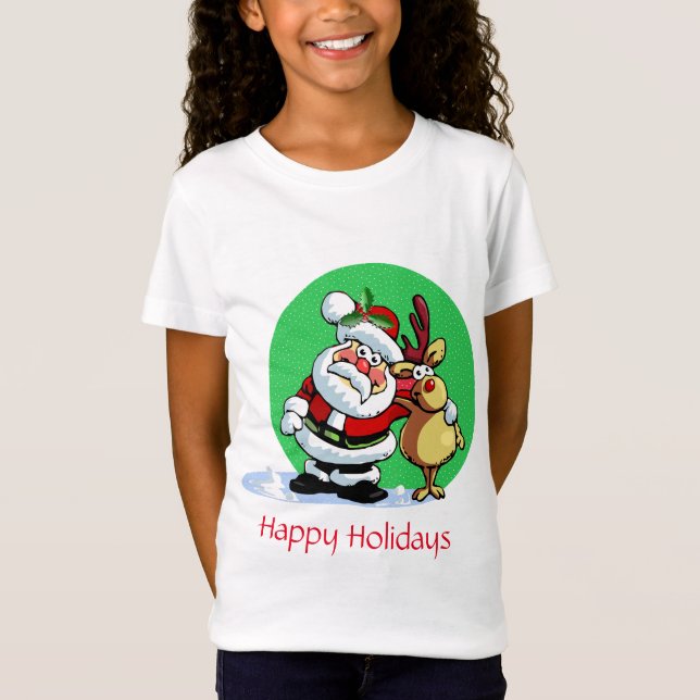 Santa Claus cartoon with reindeer T-Shirt (Front)
