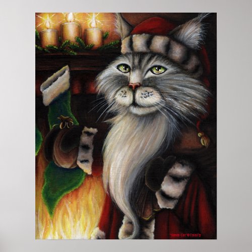 Santa Claus Cat Christmas Stocking Art Poster