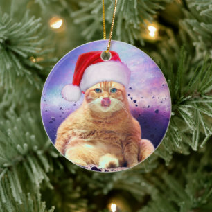 Santa Claus Cat Moon Ceramic Ornament