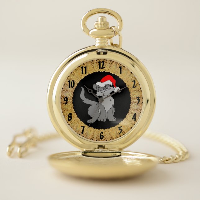 Santa Claus cat with a red santa hat Pocket Watch (Inside)