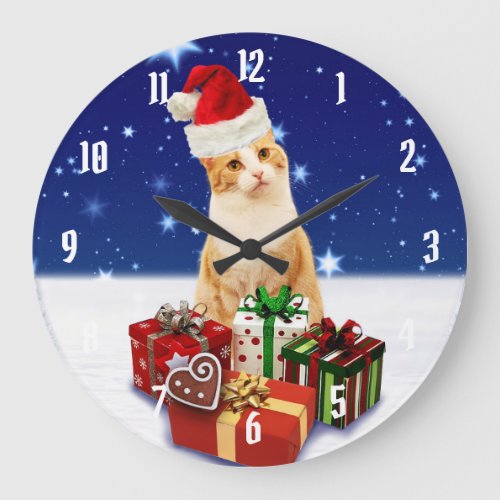 Santa Claus Cat with Christmas Gift Large Clock
