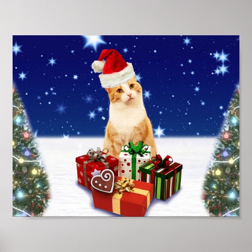 Santa Claus Cat with Christmas Gift Poster