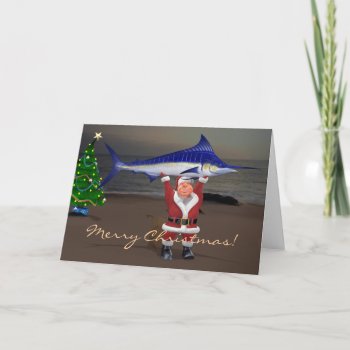 Santa Claus Caught Blue Marlin Holiday Card by Emangl3D at Zazzle