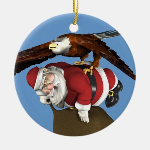 Santa Claus Caught By Bald Eagle Ceramic Ornament