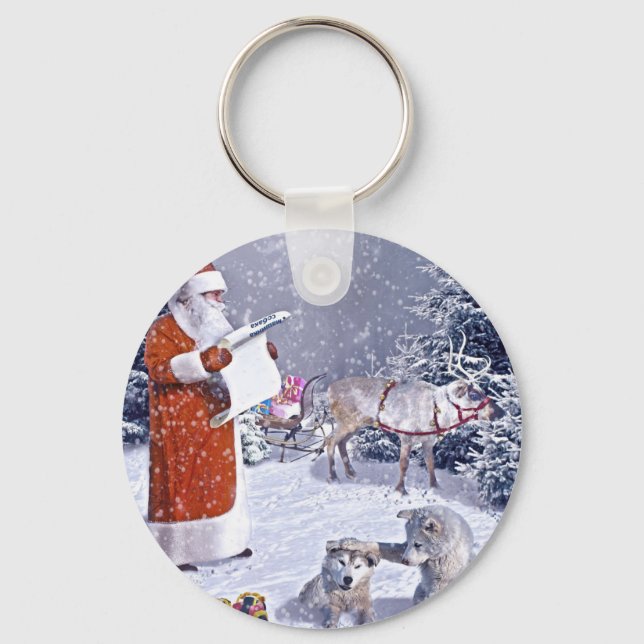 Santa Claus checking the gift list Keychain (Front)