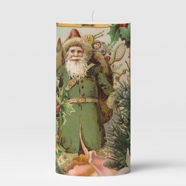 Santa Claus Christmas Antique Beautiful Art Pillar Candle (Front)