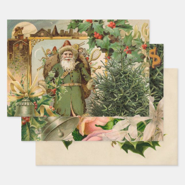 Santa Claus Christmas Antique Beautiful Art Wrapping Paper Sheets (Set)