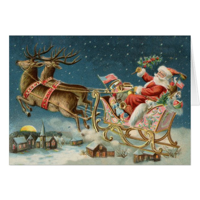 Santa Claus Christmas Antique Sleigh Reindeer (Front Horizontal)