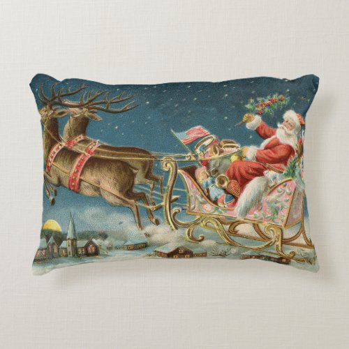 Santa Claus Christmas Antique Sleigh Reindeer Accent Pillow
