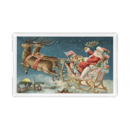 Santa Claus Christmas Antique Sleigh Reindeer Acrylic Tray