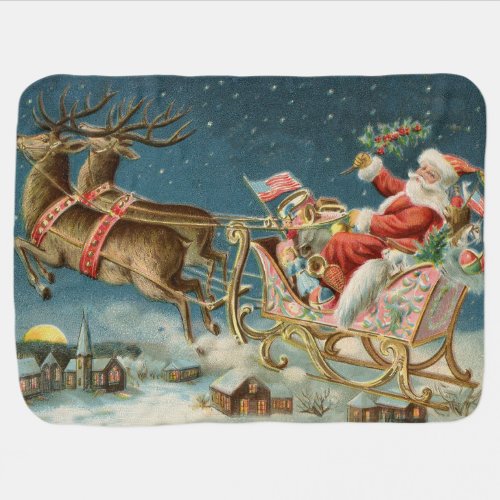Santa Claus Christmas Antique Sleigh Reindeer Baby Blanket