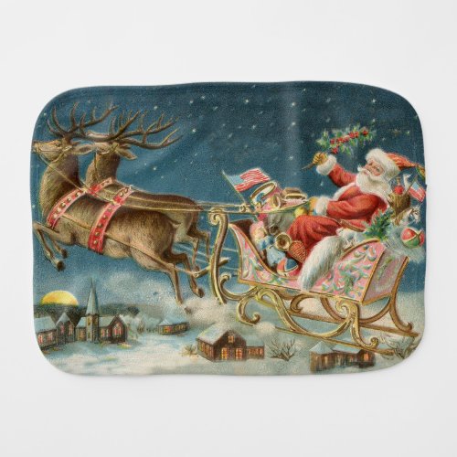 Santa Claus Christmas Antique Sleigh Reindeer Baby Burp Cloth