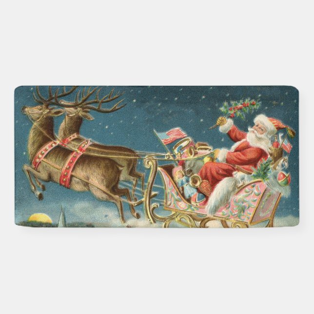 Santa Claus Christmas Antique Sleigh Reindeer Banner (Horizontal)