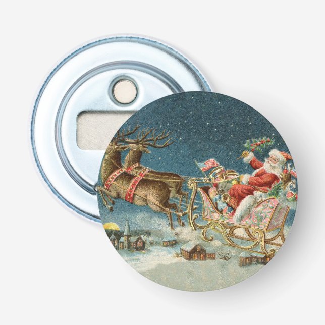 Santa Claus Christmas Antique Sleigh Reindeer Bottle Opener (Front)
