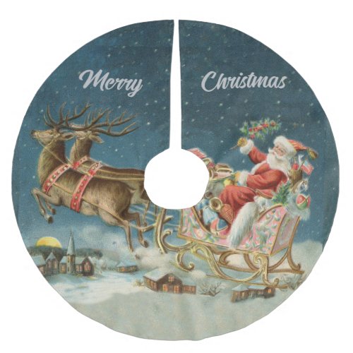 Santa Claus Christmas Antique Sleigh Reindeer Brushed Polyester Tree Skirt