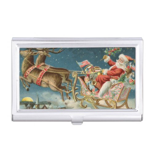 Santa Claus Christmas Antique Sleigh Reindeer Business Card Case